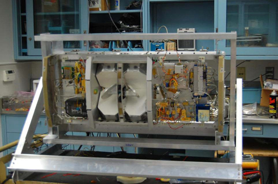 The High Altitude Monolithic Microwave integrated Circuit (MMIC) Sounding Radiometer (HAMSR) is a microwave atmospheric sounder developed by JPL under the NASA Instrument Incubator Program. Credit: NASA JPL