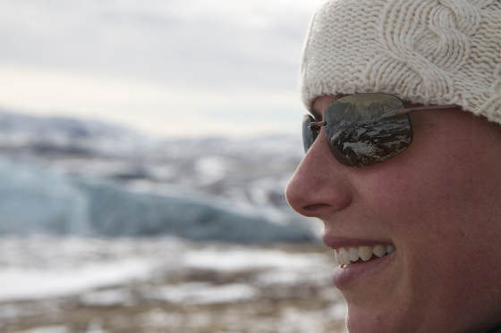 Christy Hansen is the project manager for Operation IceBridge. In this image, Greenland's Russell Glacier is reflected in her sunglasses. (Credit: NASA Goddard/Jefferson Beck)