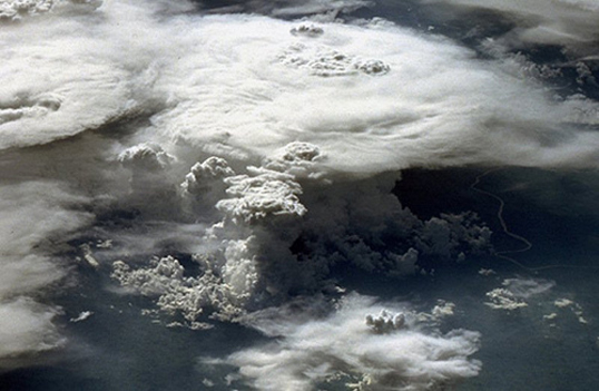 An astronaut photo showing a series of mature thunderstorms located near the Parana River in southern Brazil.Image credit: NASA
