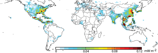Contributions of nitrogen dioxide emissions - the primary source of ozone- to the global average thermal absorption of ozone as observed by the Tropospheric Emission Spectrometer instrument on NASA's Aura spacecraft in Aug. 2006. High values (red) indicate that emissions in that location contribute more strongly to the trapping of heat in the Earth's atmosphere relative to other locations. Image credit: NASA-JPL/Caltech/CU-Boulder