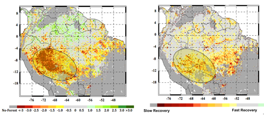 At left, the extent of the 2005 megadrought in the western Amazon rainforests during the summer months of June, July and August as measured by NASA satellites. The most impacted areas are shown in shades of red and yellow. The circled area in the right panel shows the extent of the forests that experienced slow recovery from the 2005 drought, with areas in red and yellow shades experiencing the slowest recovery. Image credit: NASA/JPL-Caltech/GSFC