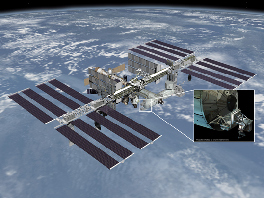 Artist's rendering of NASA's ISS-RapidScat instrument (inset), which will launch to the International Space Station in 2014 to measure ocean surface wind speed and direction and help improve weather forecasts, including hurricane monitoring. It will be installed on the end of the station's Columbus laboratory. Image credit: NASA/JPL-Caltech/JSC