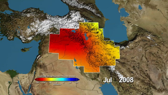 Variations in total water storage from normal, in millimeters, in the Tigris and Euphrates river basins, as measured by NASA's Gravity Recovery and Climate Experiment (GRACE) satellites, from January 2003 through December 2009. Reds represent drier conditions, while blues represent wetter conditions. The majority of the water lost was due to reductions in groundwater caused by human activities. By periodically measuring gravity regionally, GRACE tells scientists how much water storage changes over time. Image credit: NASA/UC Irvine/NCAR