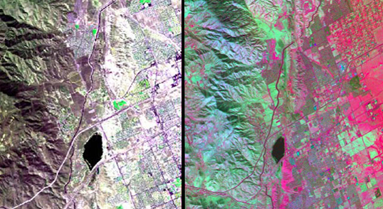 The HyspIRI airborne campaign overflew California's San Andreas Fault on March 29, 2013. The three-color (red, green, blue) composite image of the fault (left), composed from AVIRIS data, is similar to what a snapshot from a consumer camera would show. The entirety of data from AVIRIS, however, spans the visible to the short-wavelength infrared part of the spectrum. Temperature information (right) was collected simultaneously by the MASTER instrument. Red areas are composed of minerals with high silica, such as urban areas, while darker and cooler areas are composed of water and heavy vegetation. Image credit: NASA/JPL | View left side image | View right side image
