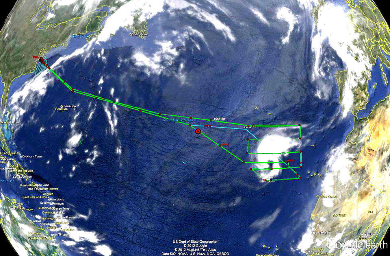 NASA's Global Hawk drone spent 11 hours collecting data over tropical storm Nadine in the Eastern Atlantic Ocean on Sept. 23, 2013. The image shows the Global Hawk (red dot) returning to Wallops. Credit: NASA Wallops.