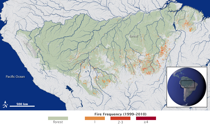 Researchers for the first time mapped the extent and frequency of understory fires across a study area (green) spanning 1.2 million square miles (3 million square kilometers) in the southern Amazon forest. Fires were widespread across the forest frontier during the study period from 1999-2010. Recurrent fires, however, are concentrated in areas favored by the confluence of climate conditions suitable for burning and ignition sources from humans. Credit: NASA's Earth Observatory