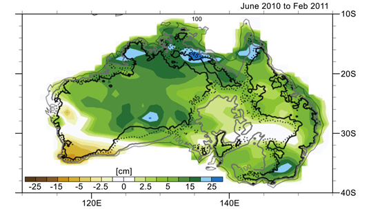 Changes in Australia's mass as reported by data from NASA's Gravity Recovery and Climate Experiment (GRACE) satellites from June 2010 to February 2011. Areas in greens and blues depict the greatest increases in mass, caused by excessive precipitation. The contour lines represent various land surface elevations. A new study co-authored and co-funded by NASA finds extensive flooding in Australia, combined with the continent's soils and unique topography, were the biggest contributors to the drop in global sea level observed in 2010 and 2011. Credit: NCAR/NASA/JPL-Caltech Click to enlarge