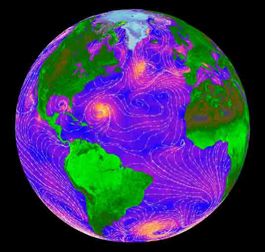 False-color image of sea wind speed as measured by NASA’s QuikScat satellite in 1999. Orange represents the fastest wind speeds and blue the slowest. White streamlines indicate the wind direction. Credit: NASA/Jet Propulsion Laboratory.